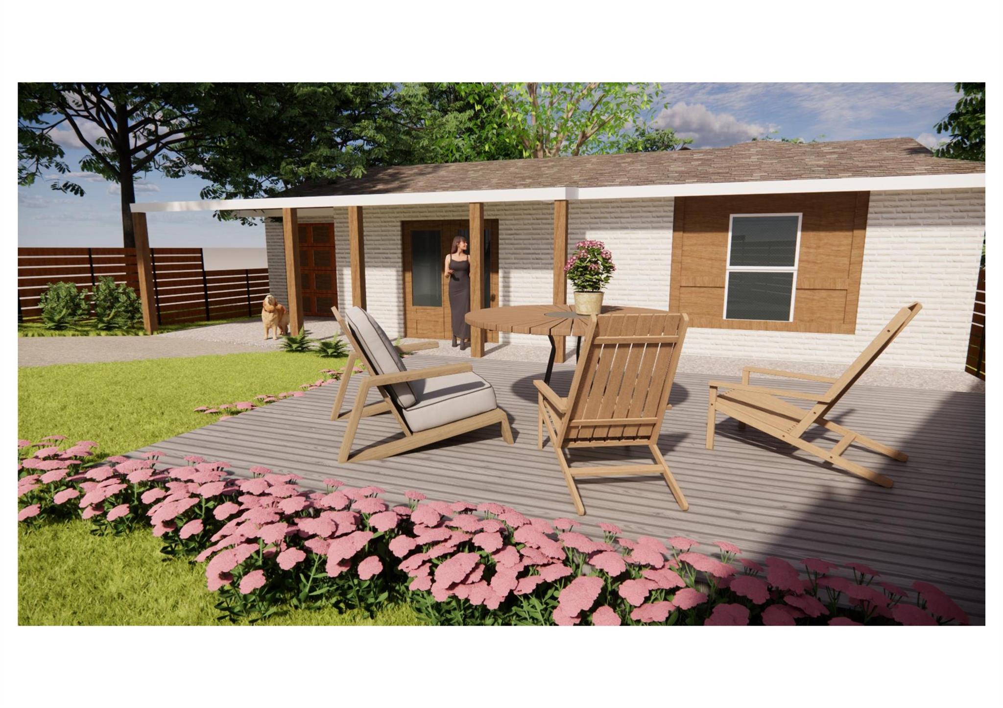 Rendered home exterior with a furnished deck, pink flower border, and person by the entrance.