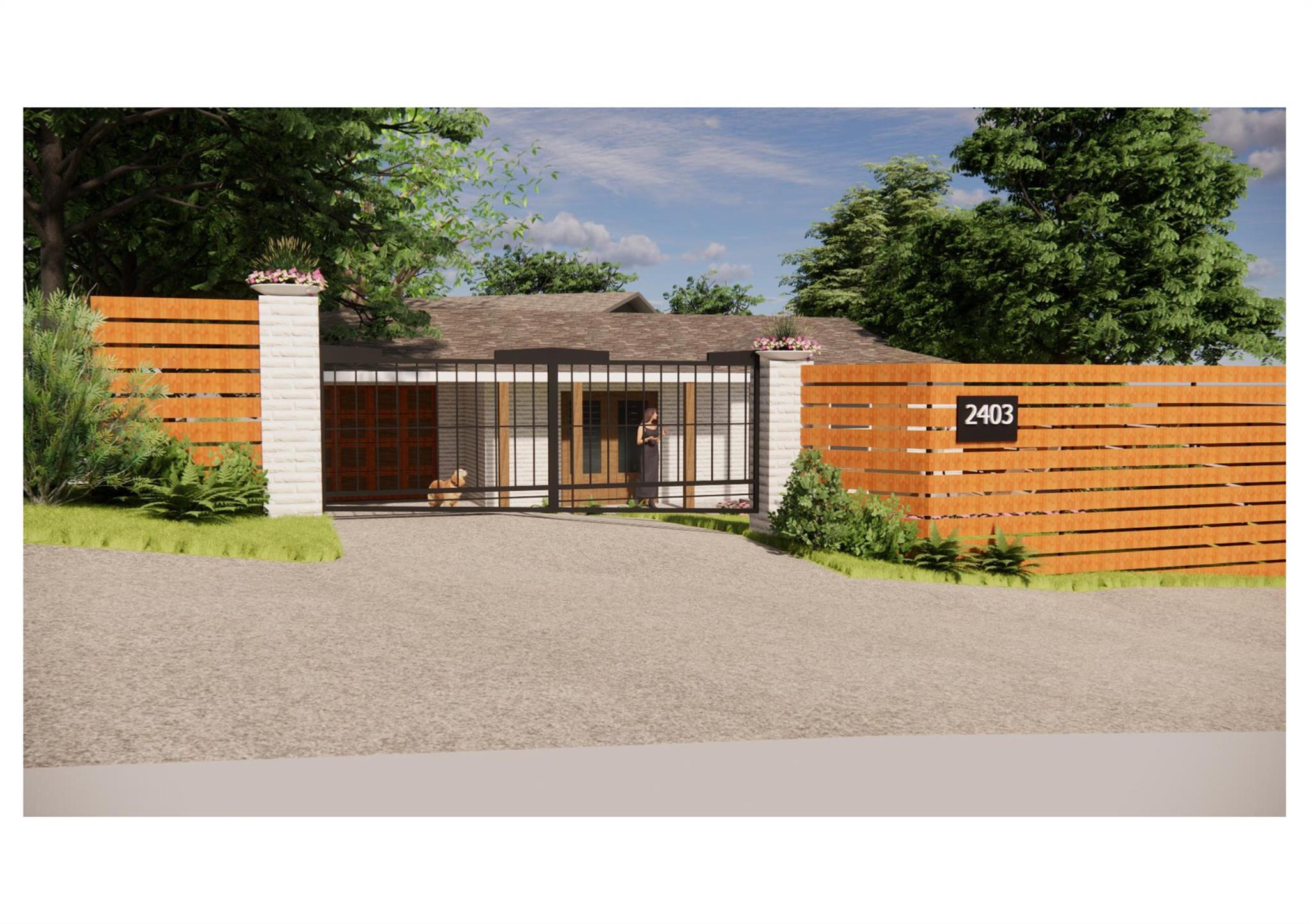 Rendered home entrance with a black metal gate, wood-slat fencing, and landscaped pillars.