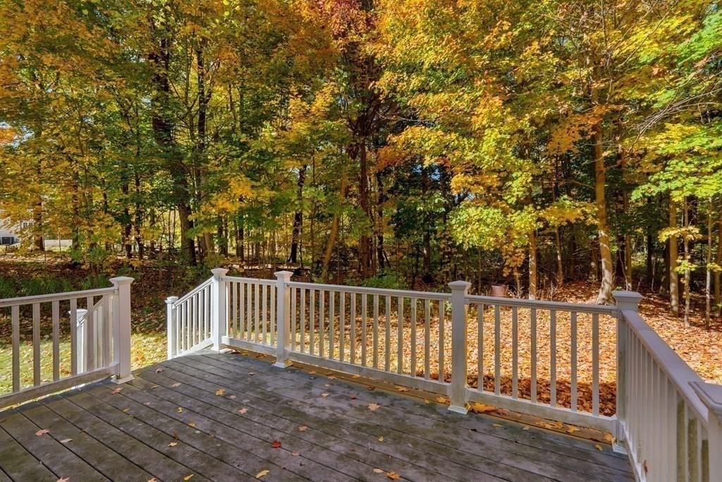 Wooden deck with white railings overlooking a wooded yard in autumn.