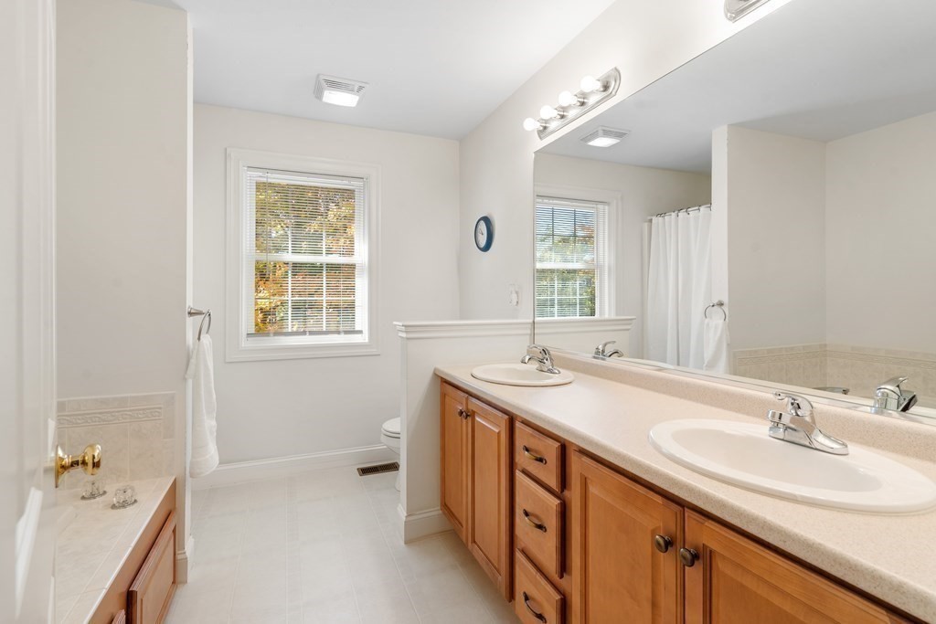 Bathroom with a long double-sink vanity, warm wood cabinets, and a large mirror.