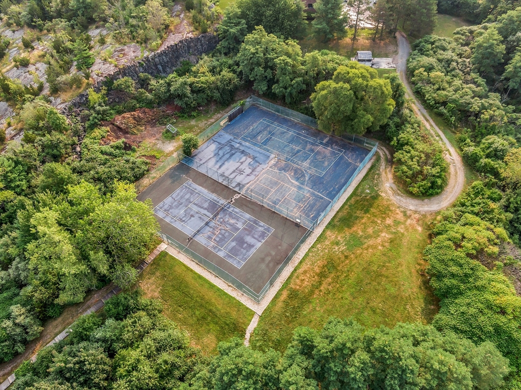 Two fenced tennis courts sit among dense trees beside a winding gravel path.
