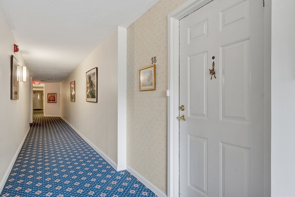 Condominium hallway with blue patterned carpet and the entrance door marked 18.
