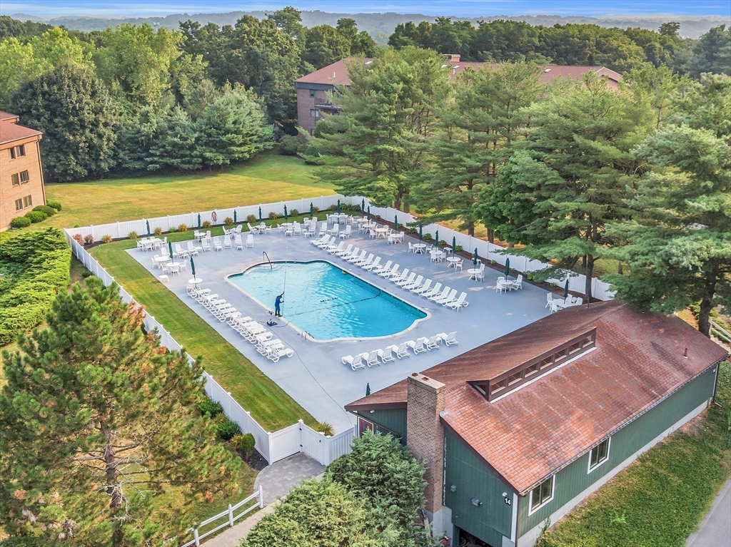 Aerial view of a community swimming pool surrounded by lounge chairs, trees, and residential buildings.