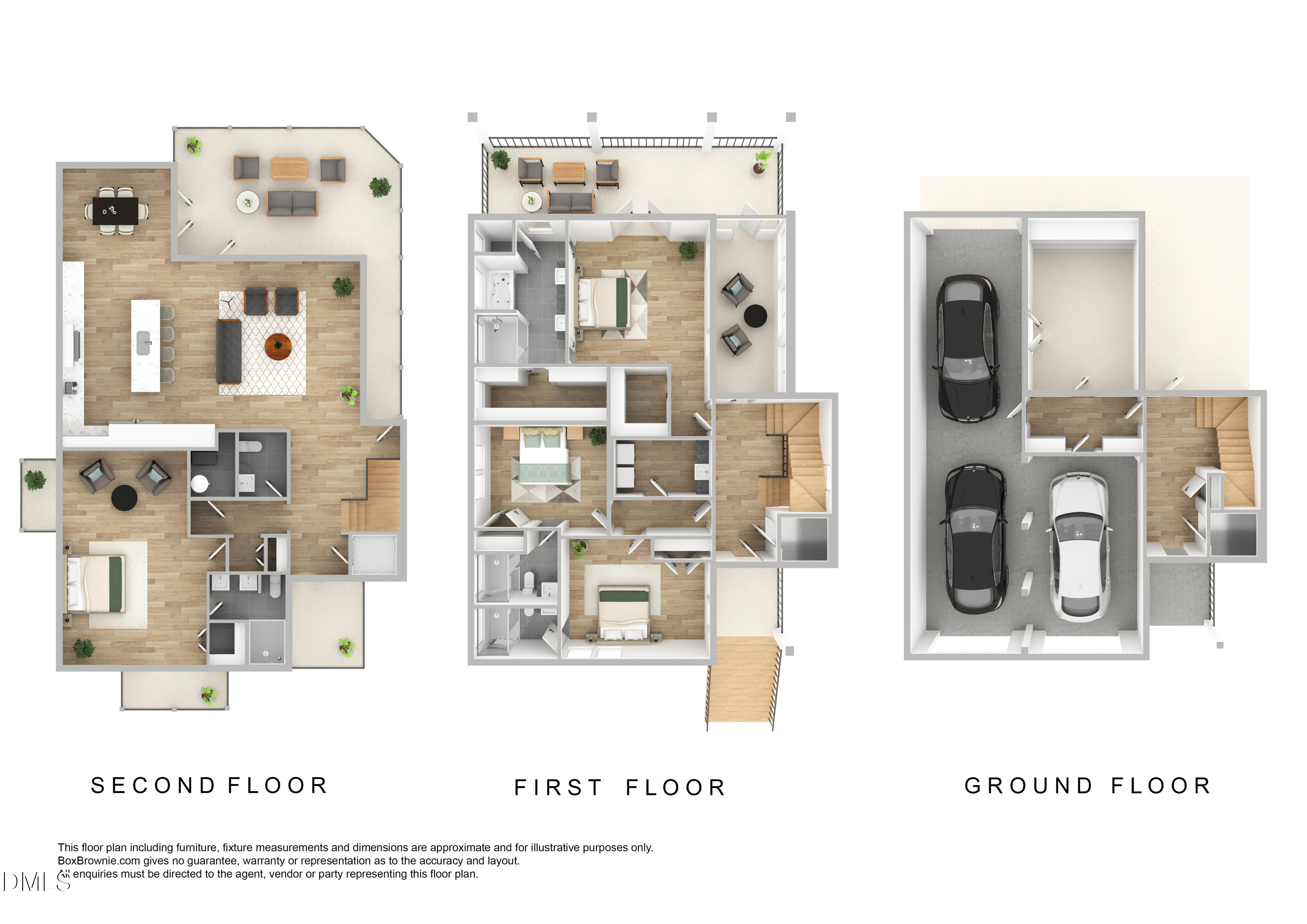 Three-level floor plan showing furnished rooms, outdoor decks, stairs, and a three-car garage.