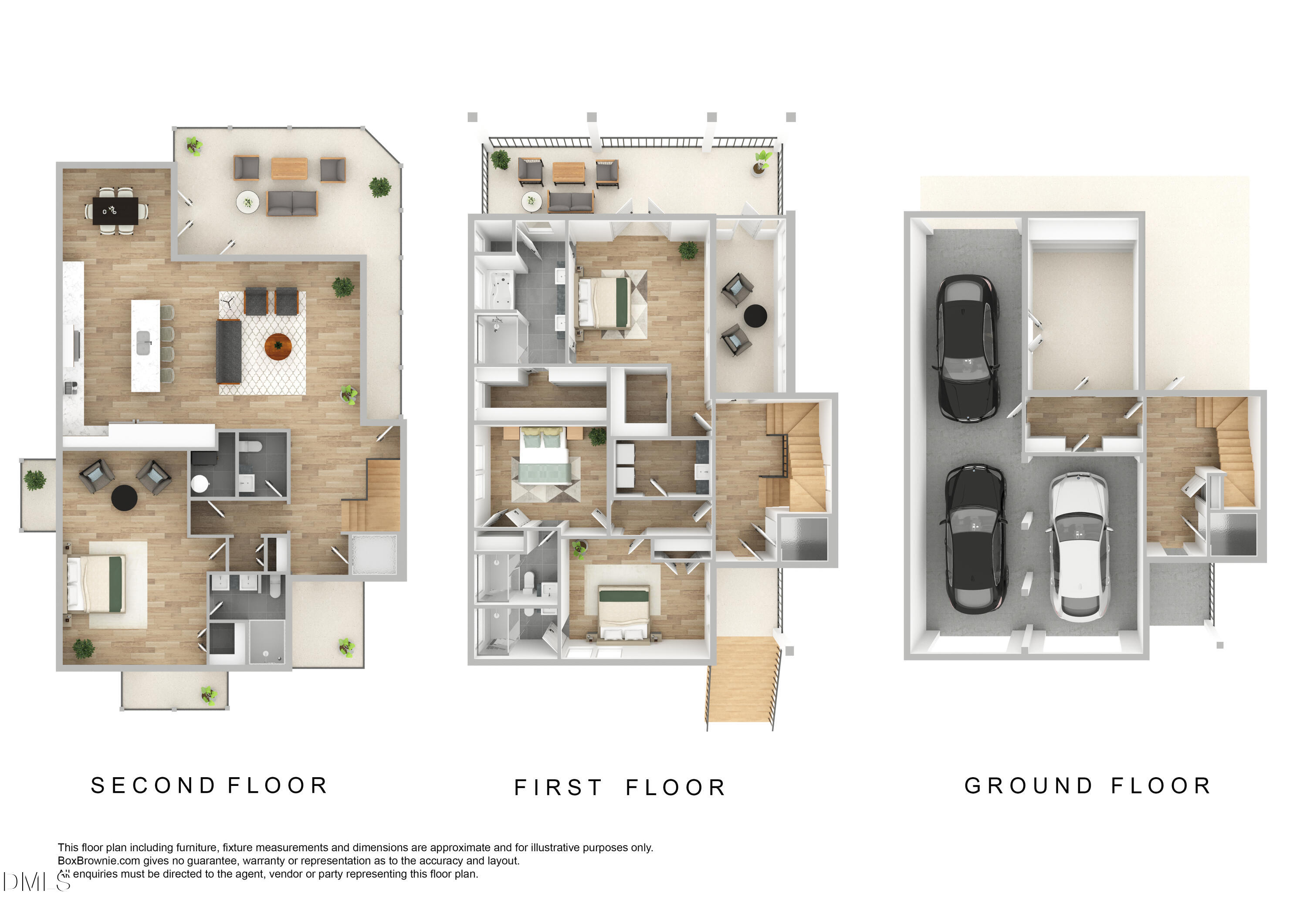 Three-level furnished floor plan showing the second, first, and ground floors.