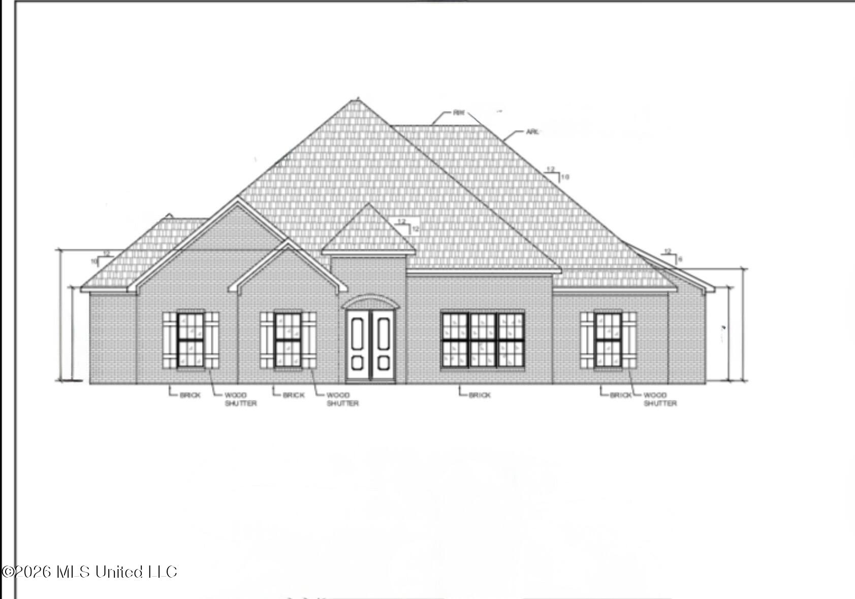 Architectural front elevation of a single-story brick house with multiple gables and a centered double entry door.