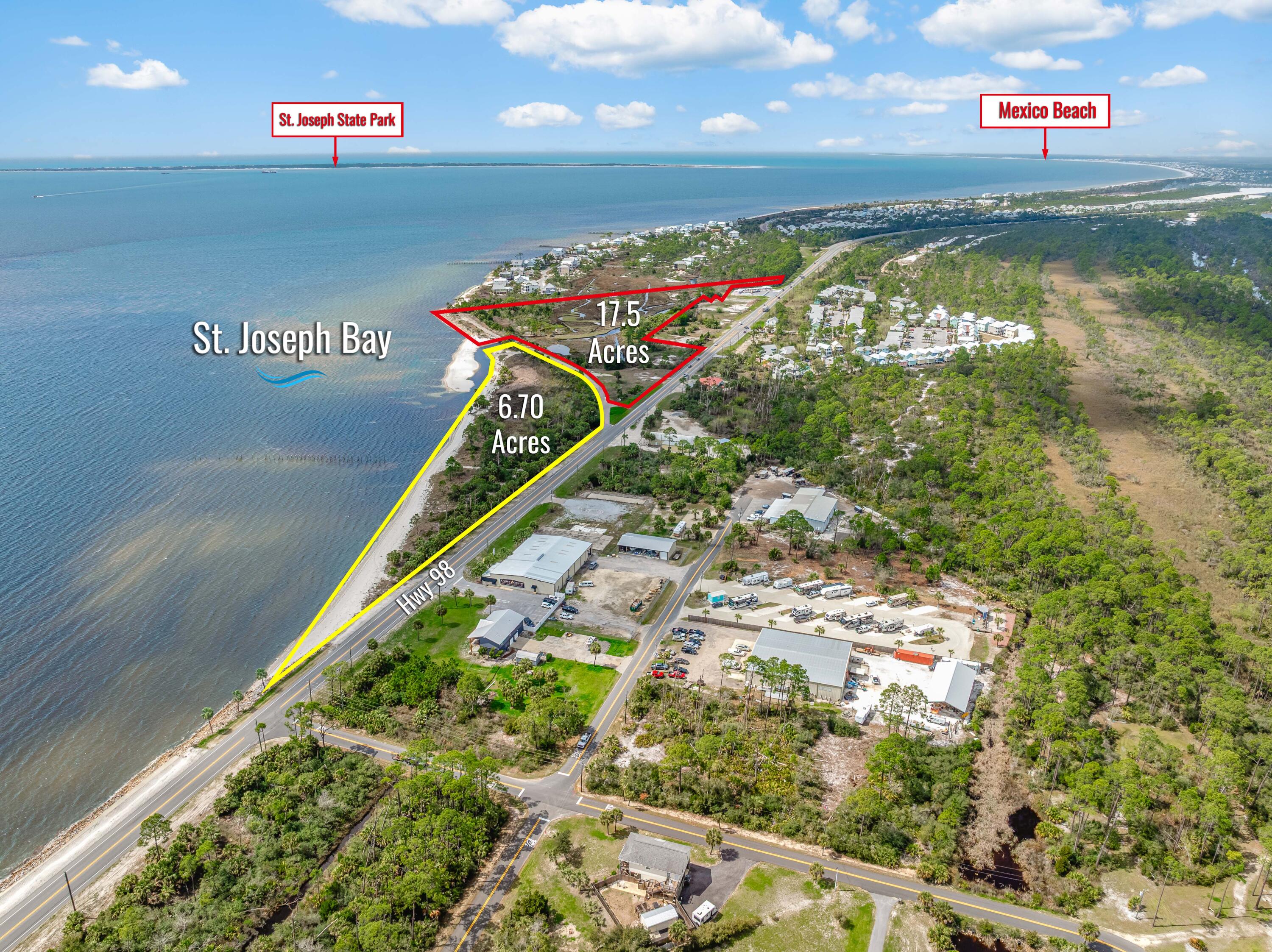 Aerial view of two outlined St. Joseph Bay parcels, marked 17.5 acres and 6.70 acres.