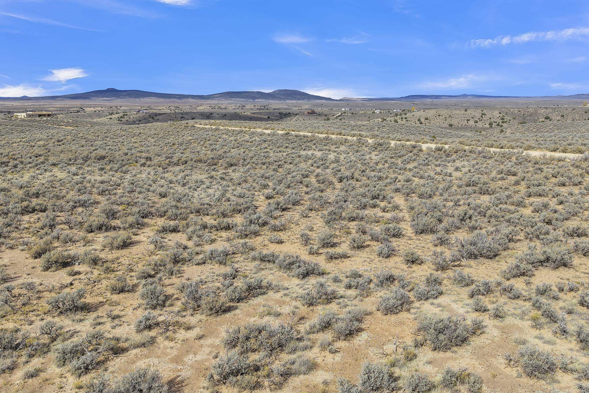 Undeveloped scrubland with a dirt road crossing the middle distance and low mountains beyond.