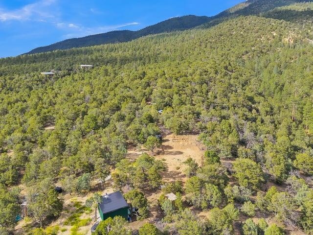 Wooded hillside parcel with a clearing, a small green-roofed structure, and forested mountains beyond.