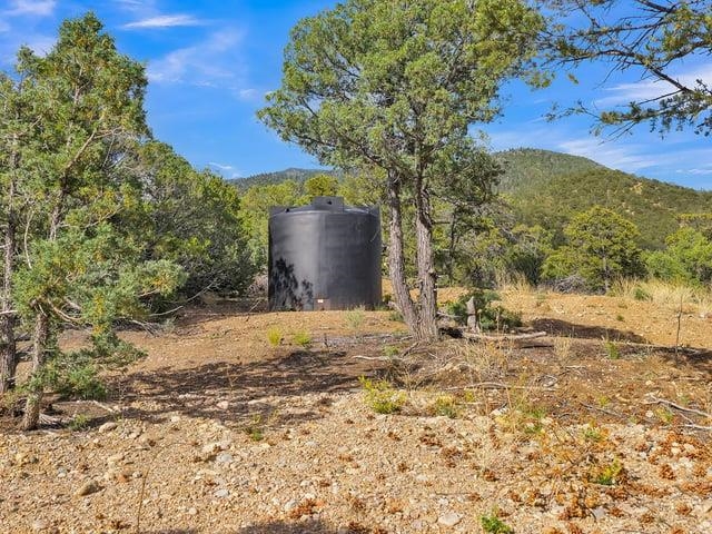 Vacant lot with a black water tank, scattered trees, and mountains in the background.