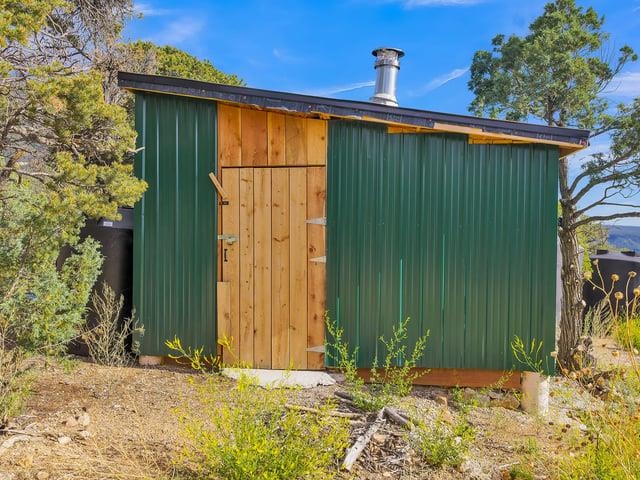Small green metal outbuilding with a wooden door and chimney among trees and brush.