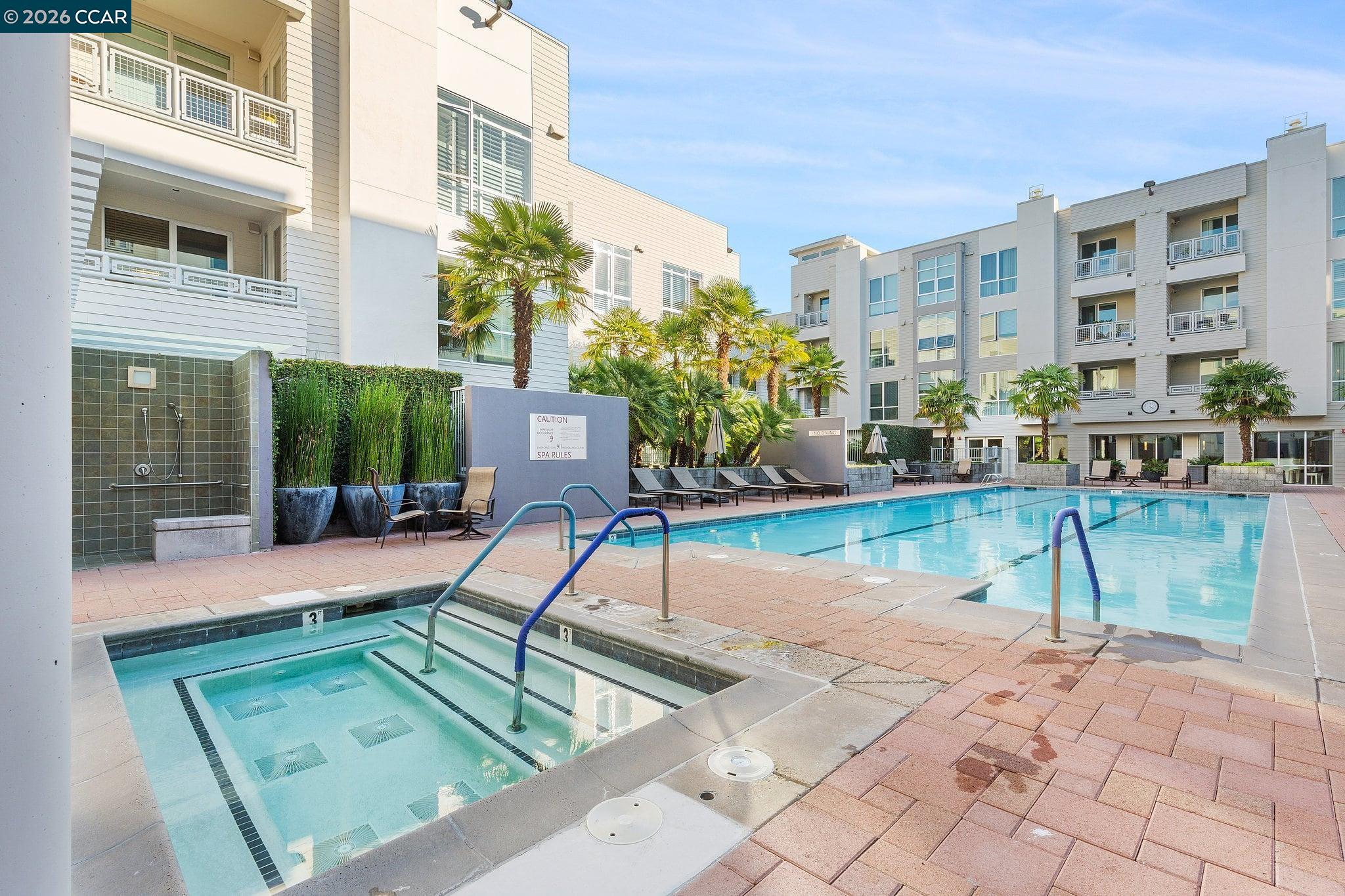 Condominium courtyard with a swimming pool, spa, palm trees, and lounge chairs.