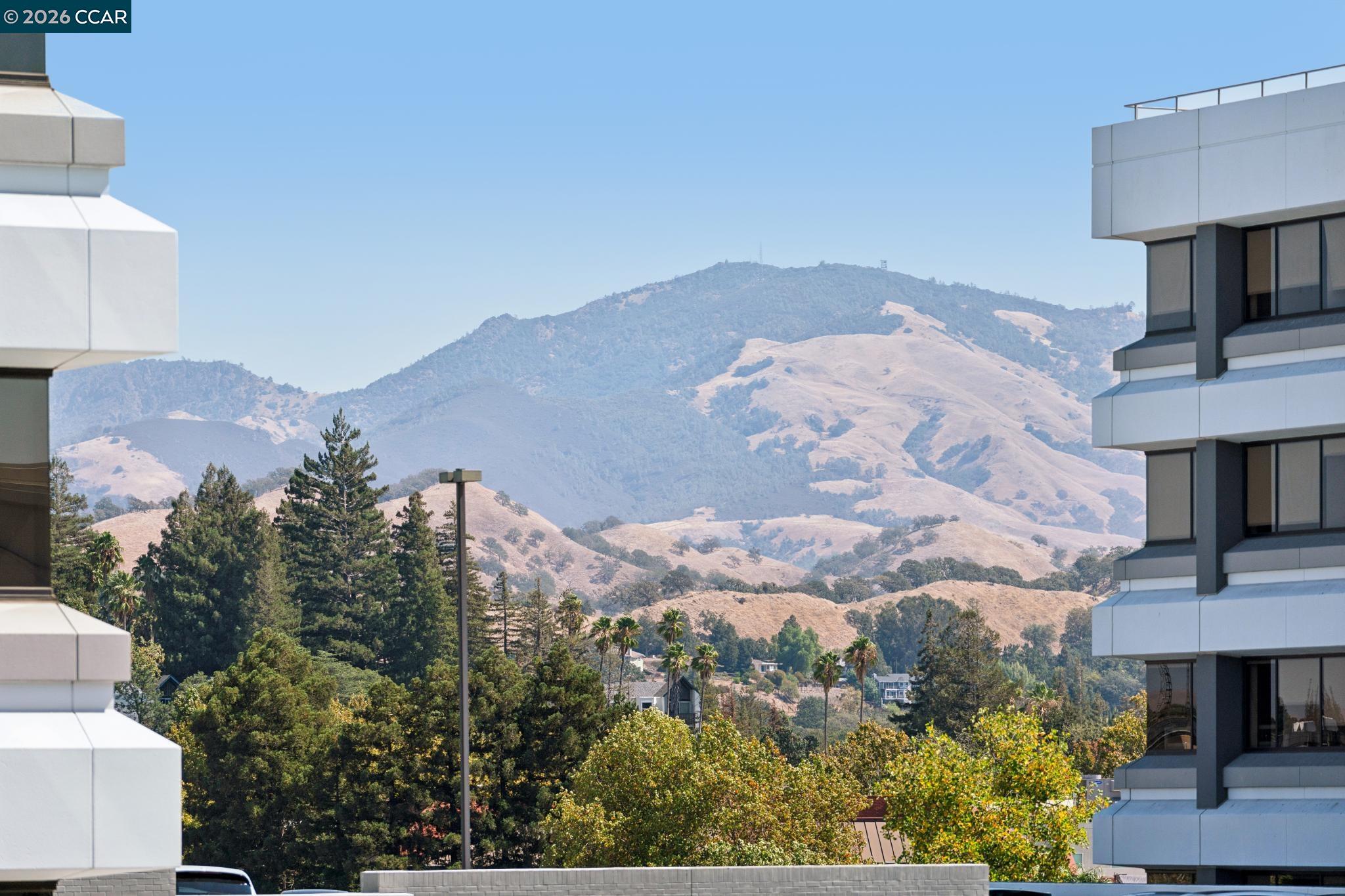 Mountain view framed by modern condo buildings, with wooded hills and neighborhood below.
