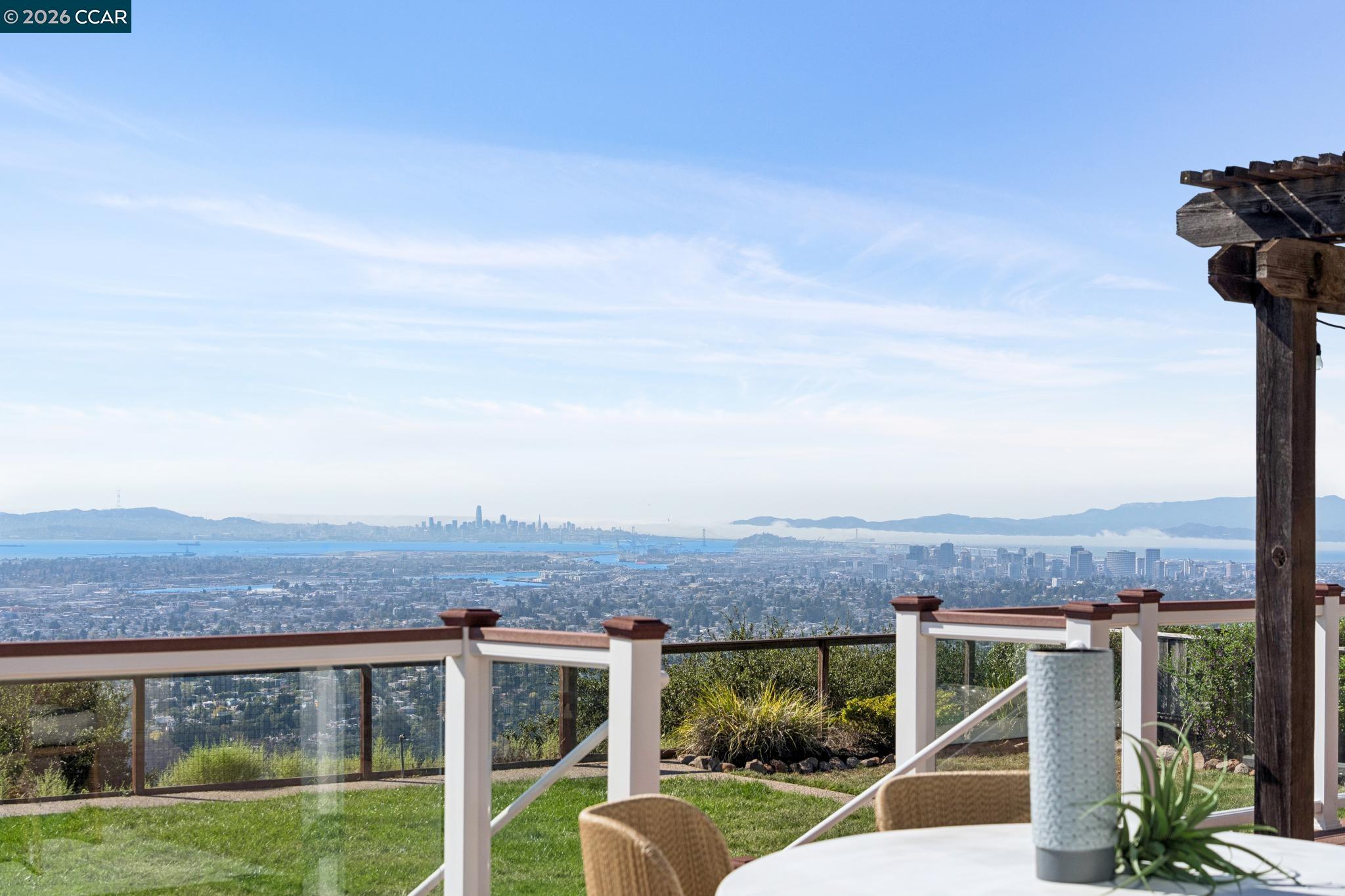 Outdoor patio with glass railing overlooks the Bay and San Francisco skyline.