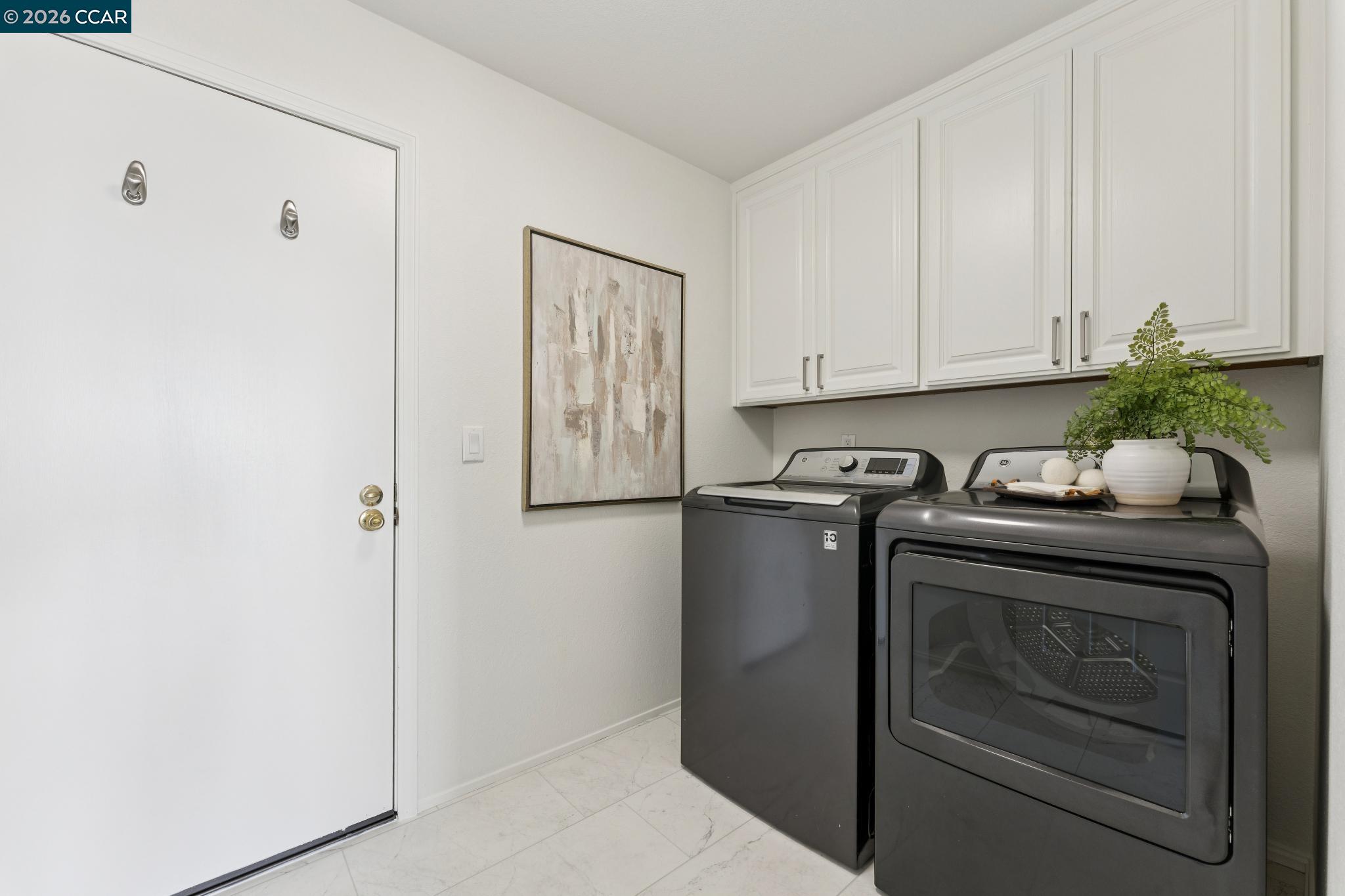 Laundry room with dark washer and dryer, white cabinets, and a potted fern.