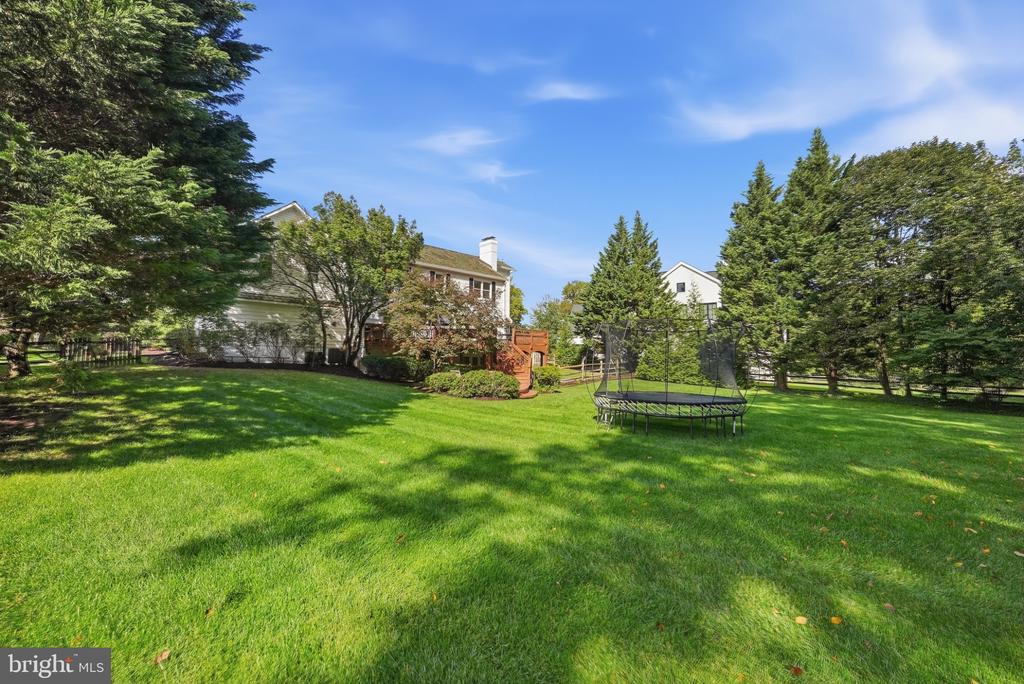 Backyard with a broad green lawn, raised wooden deck, mature trees, and trampoline.