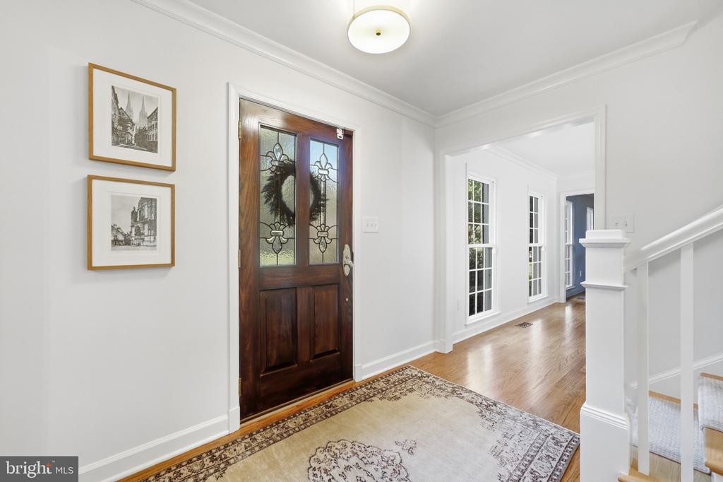 Entry foyer with a dark wood glass-paneled front door, patterned rug, and hardwood hallway.
