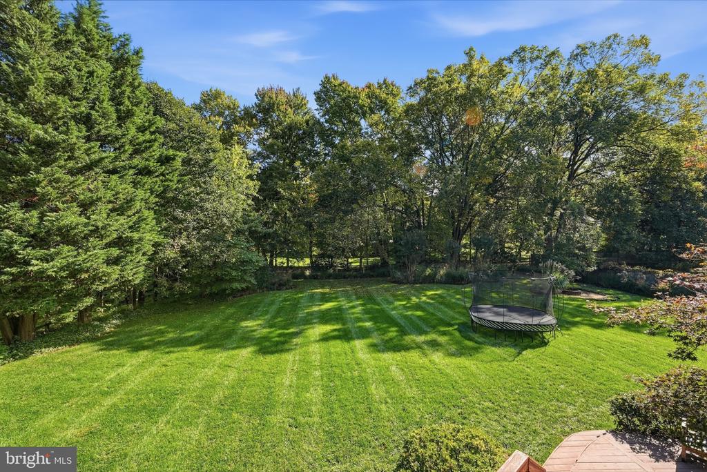 Spacious backyard with a striped lawn, mature trees, a round trampoline, and part of a wooden deck.