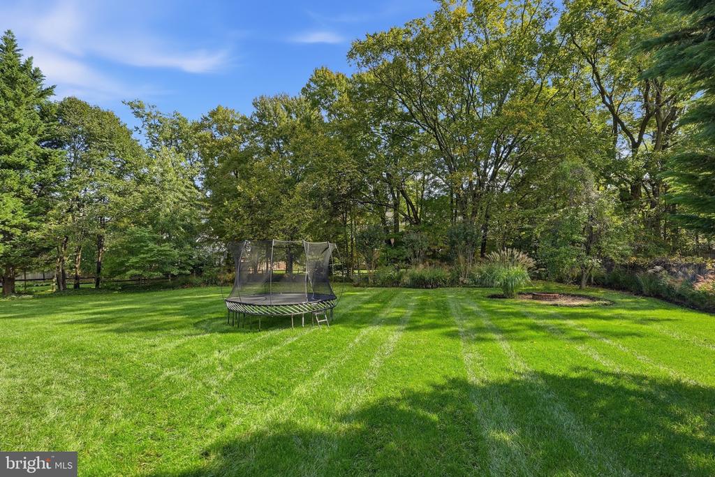 Spacious tree-lined backyard with a striped lawn and a trampoline.