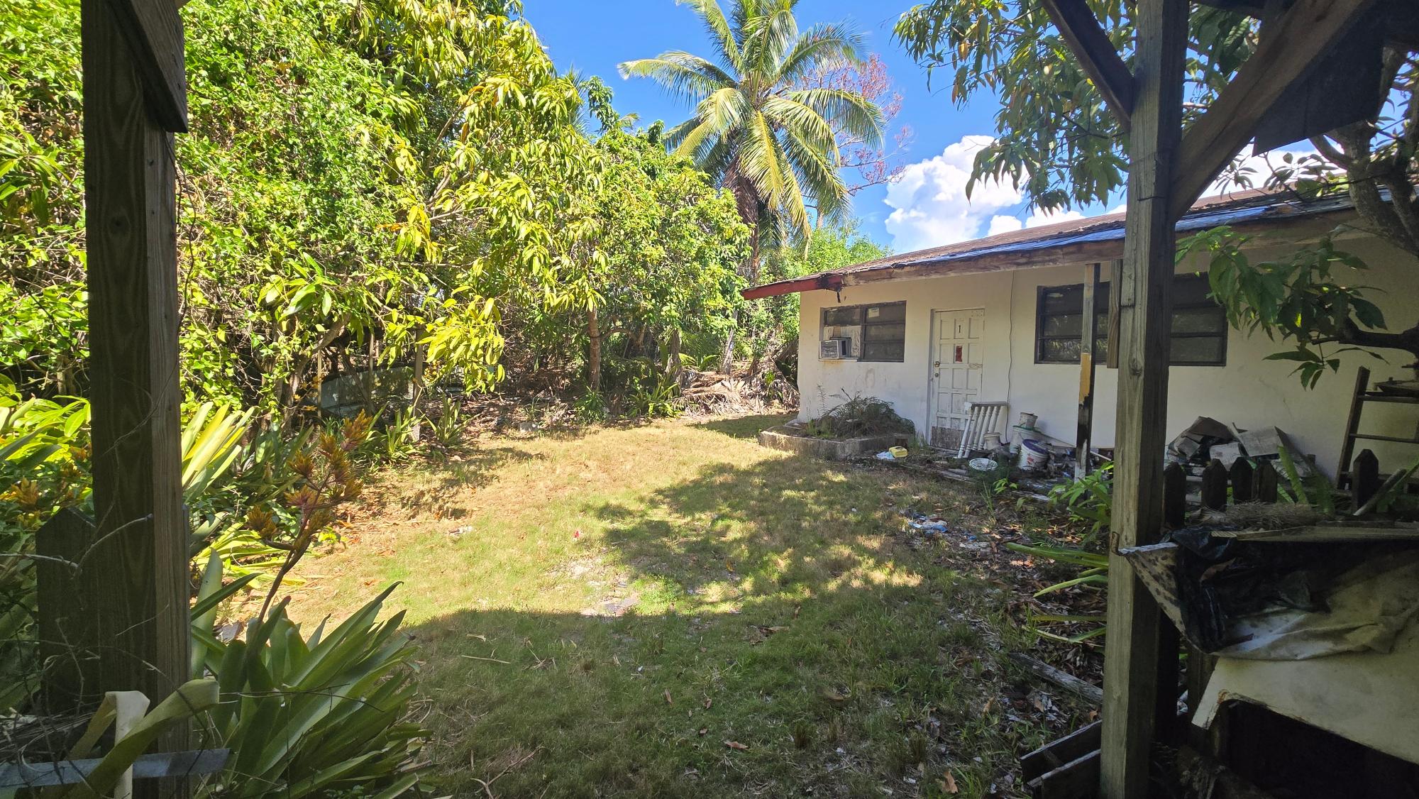 Tropical residential lot with a weathered single-story house, grassy yard, and tall palm.