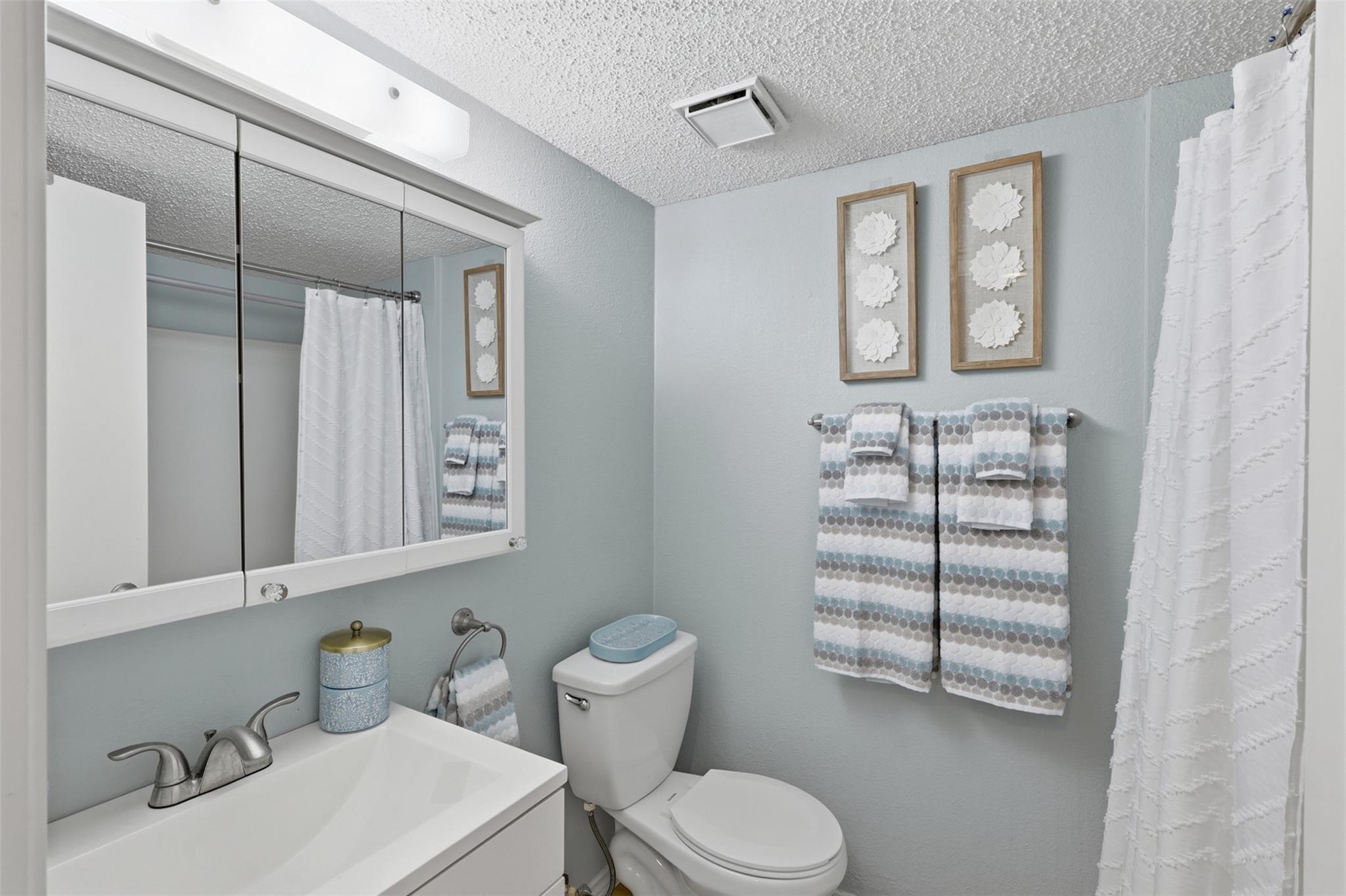 Bathroom with a white vanity and mirrored cabinet, toilet, patterned towels, and white shower curtain.