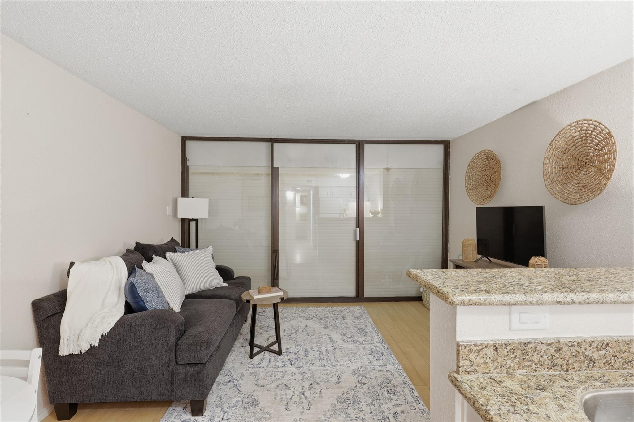 Living room with a dark sofa, patterned rug, sliding glass doors, and granite kitchen counter.