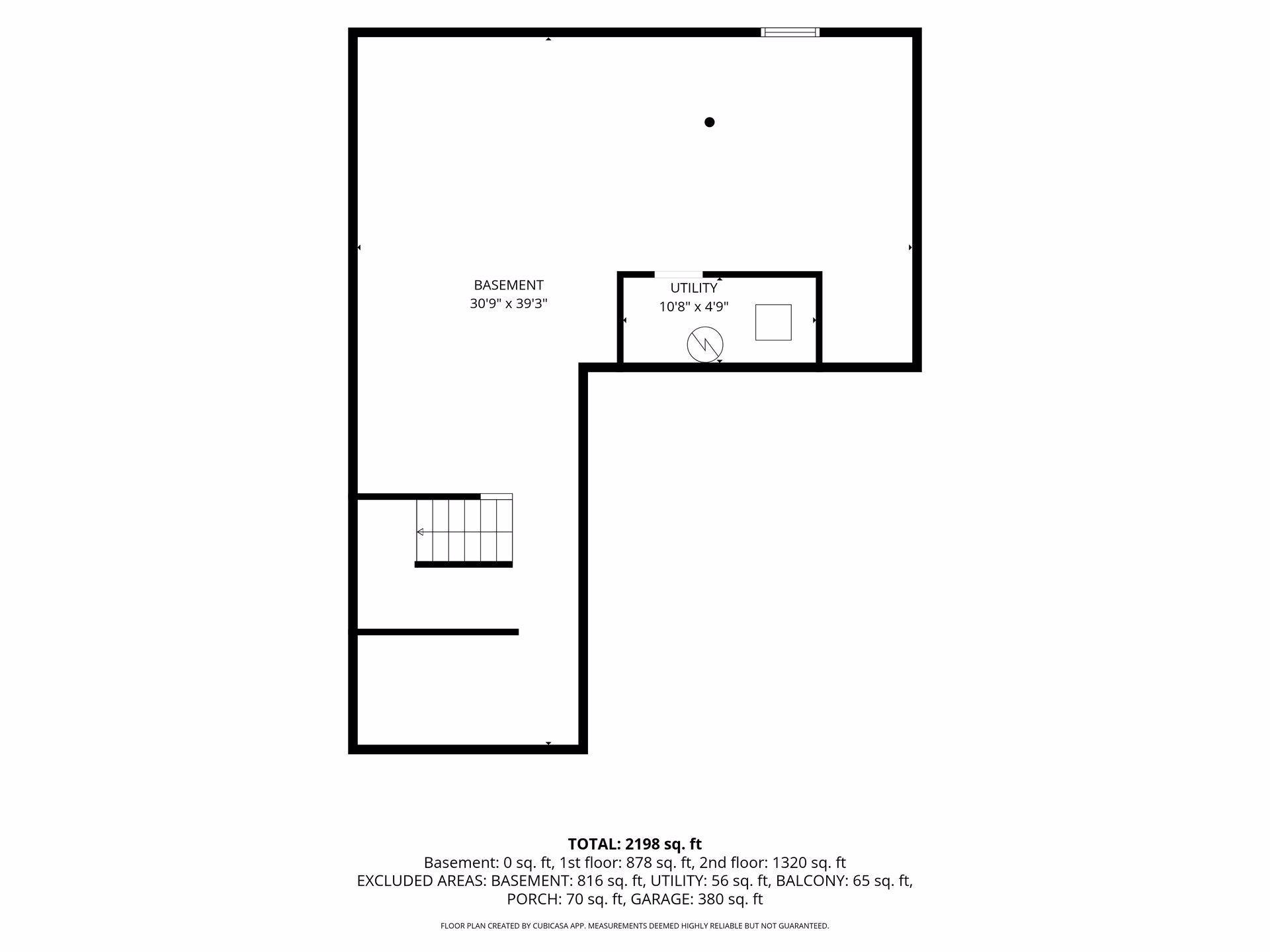 Basement floor plan with utility room, stairs, and a total area of 2,198 square feet.