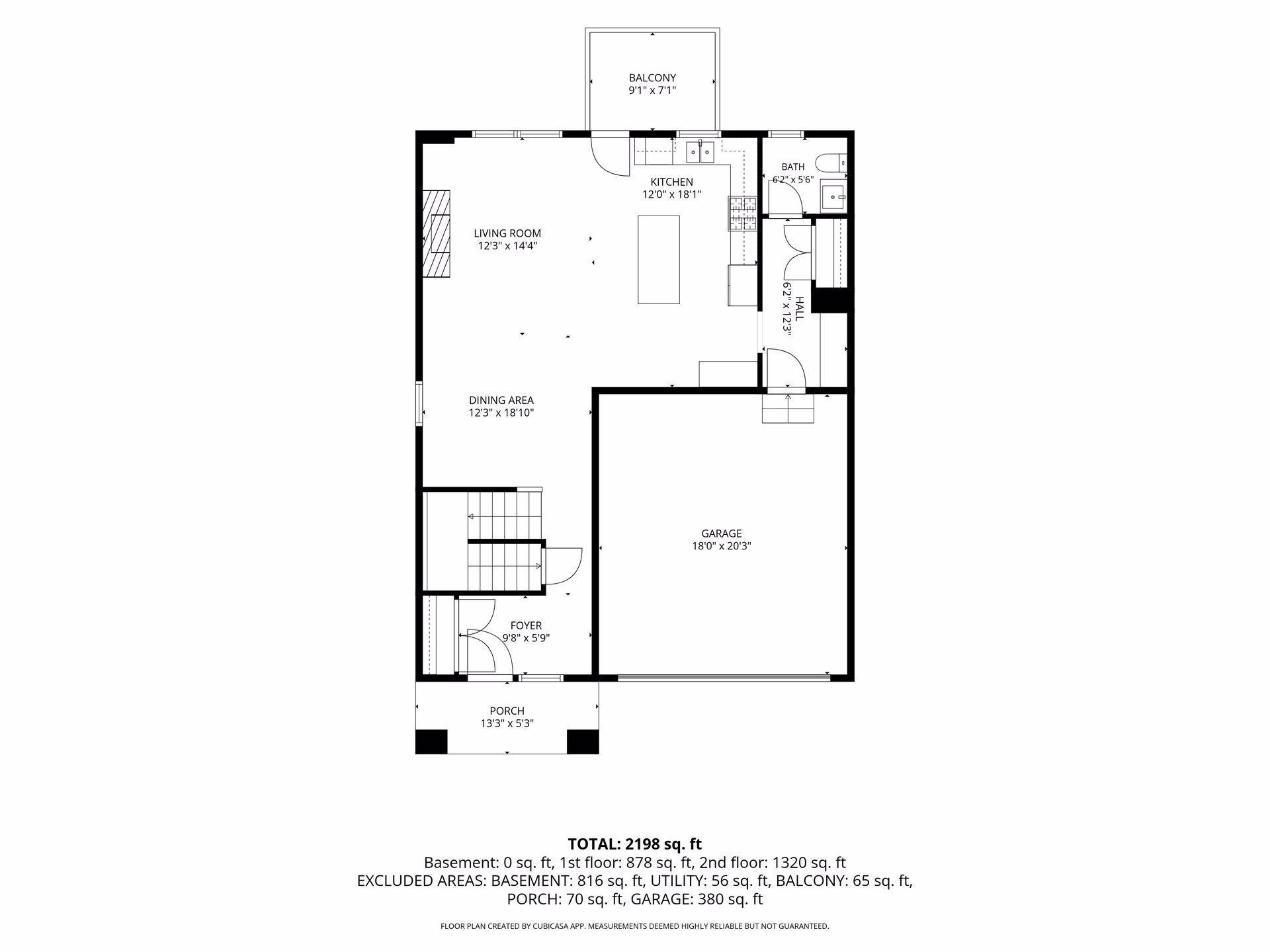 Floor plan showing the kitchen, living and dining areas, balcony, porch, and attached garage.