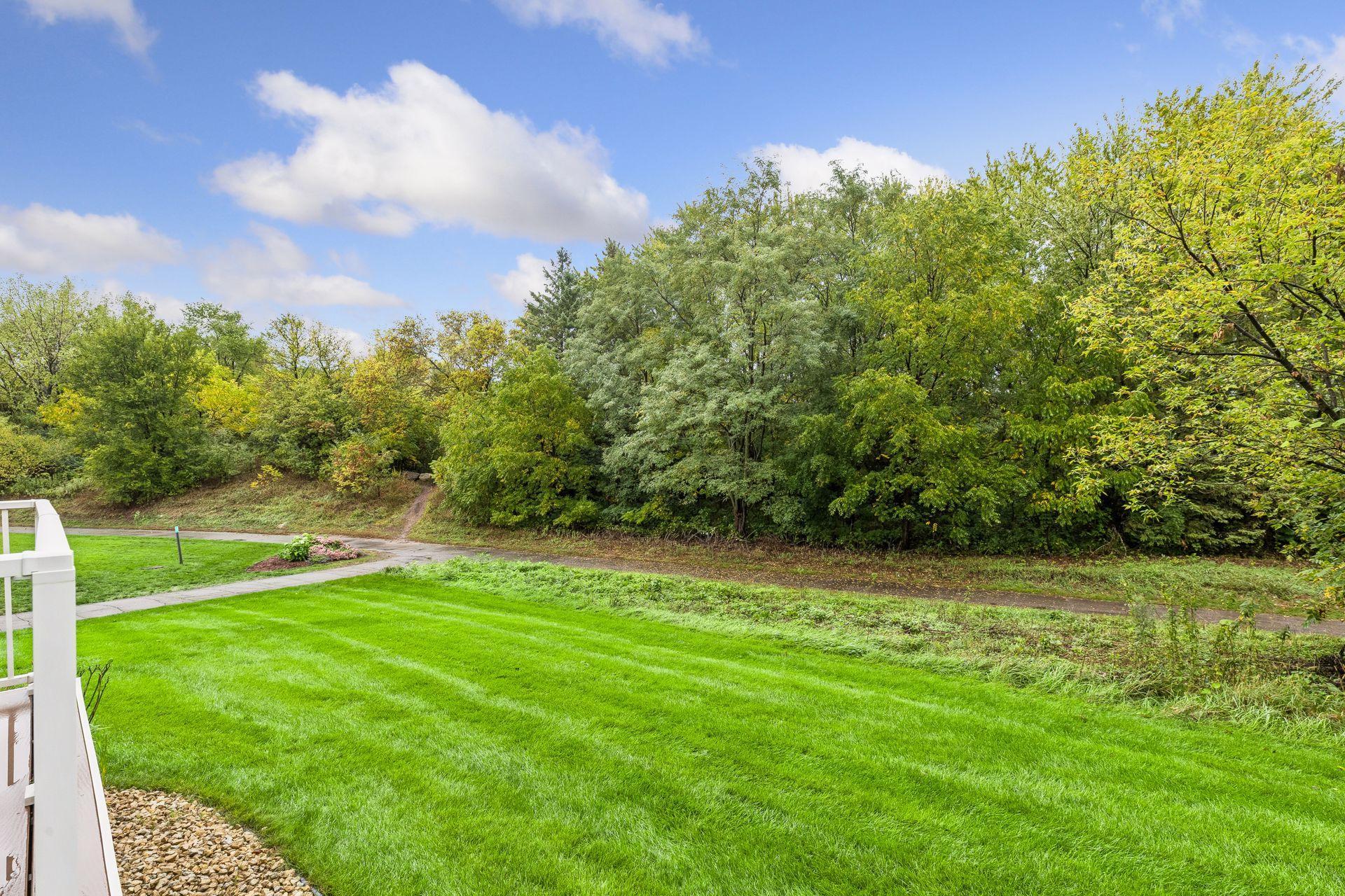Backyard lawn bordered by dense trees, with a paved path and white deck railing.