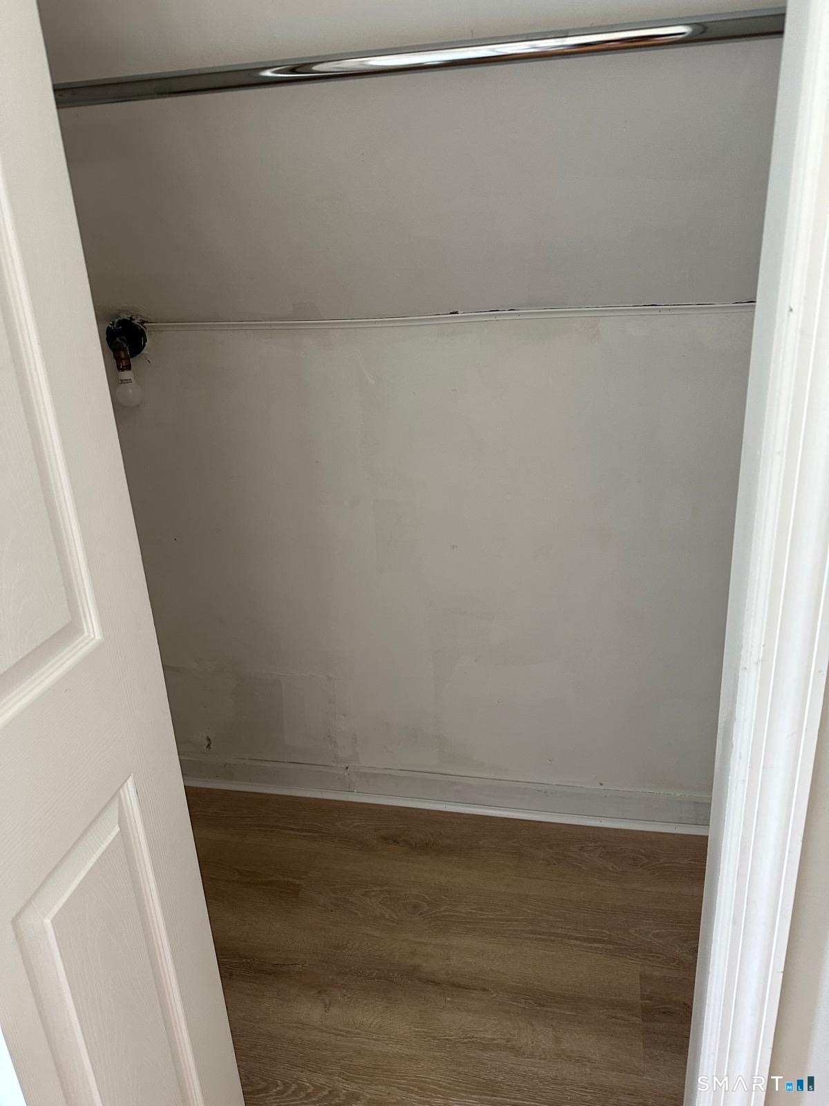 Empty closet with a metal hanging rod and wood-look flooring.