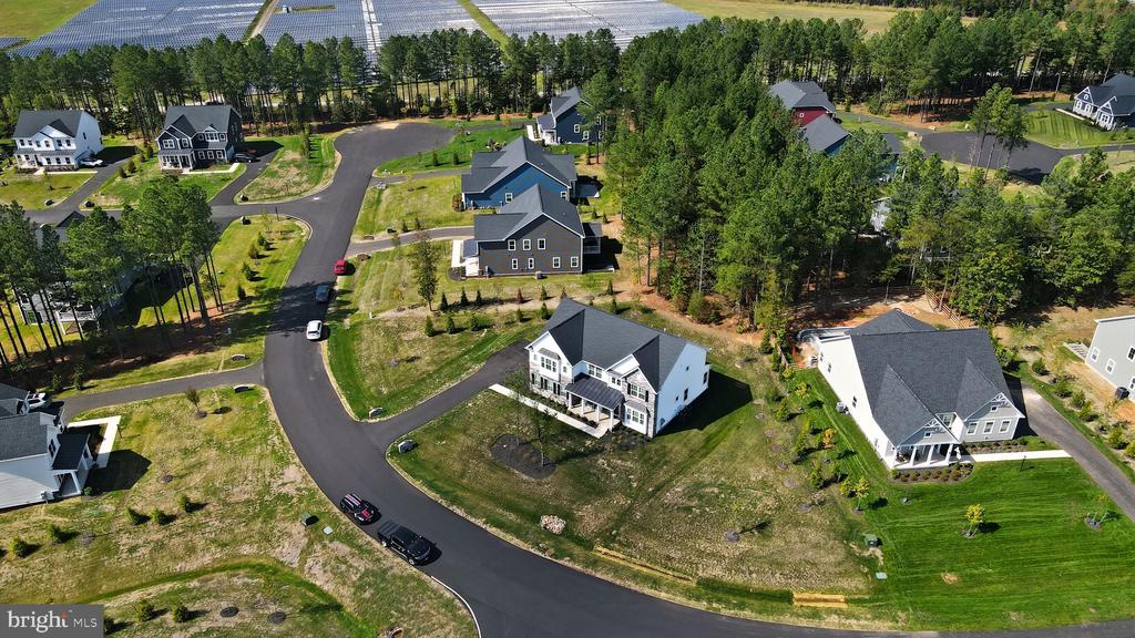 Aerial view of detached homes along a curving road, with woods and solar panels beyond.