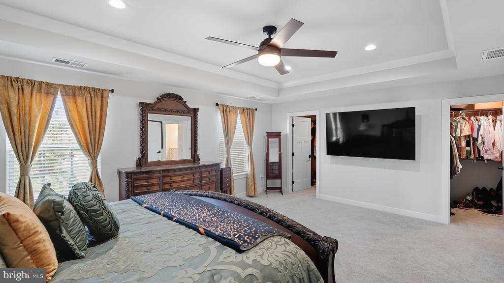 Bedroom with an ornate dresser, ceiling fan, wall-mounted television, and open closet.