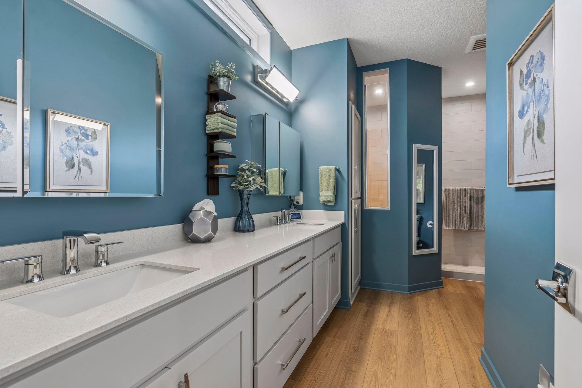 Bathroom with a long white double vanity, blue walls, wood-look flooring, and a tiled walk-in shower.