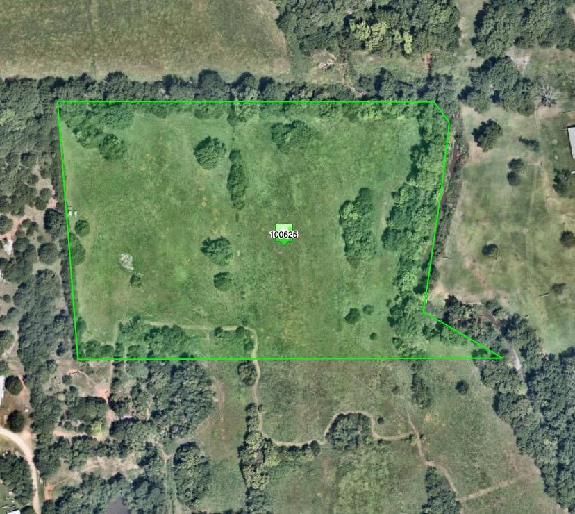 Aerial view of open land outlined in green, with scattered trees and the label 100625.