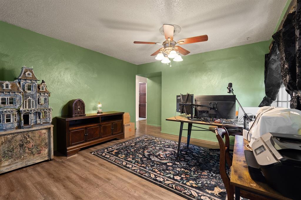 Home office with green walls, a computer workstation, ceiling fan, and large patterned rug.