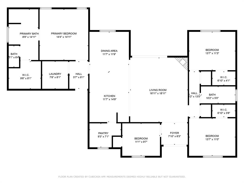 Floor plan showing the home's bedrooms, living room, kitchen, dining area, and labeled room dimensions.