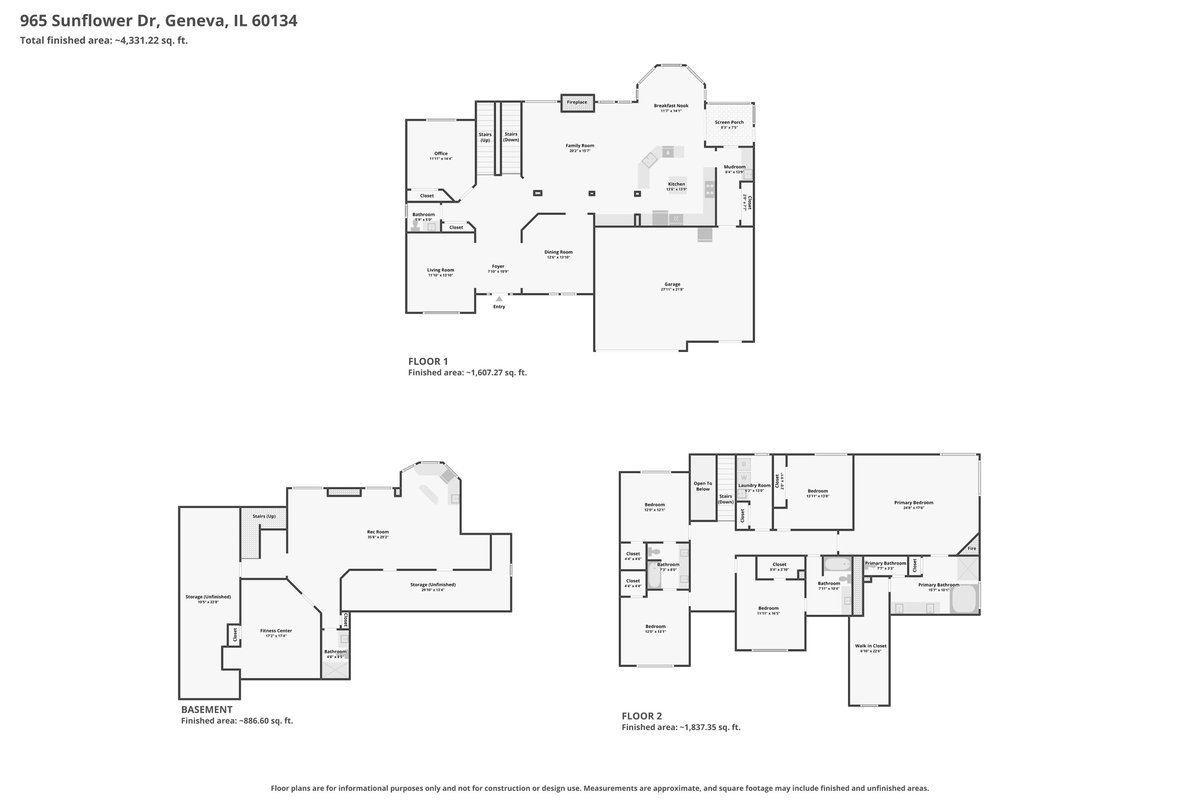 Three-level floor plan for 965 Sunflower Drive, with room labels and finished-area totals.