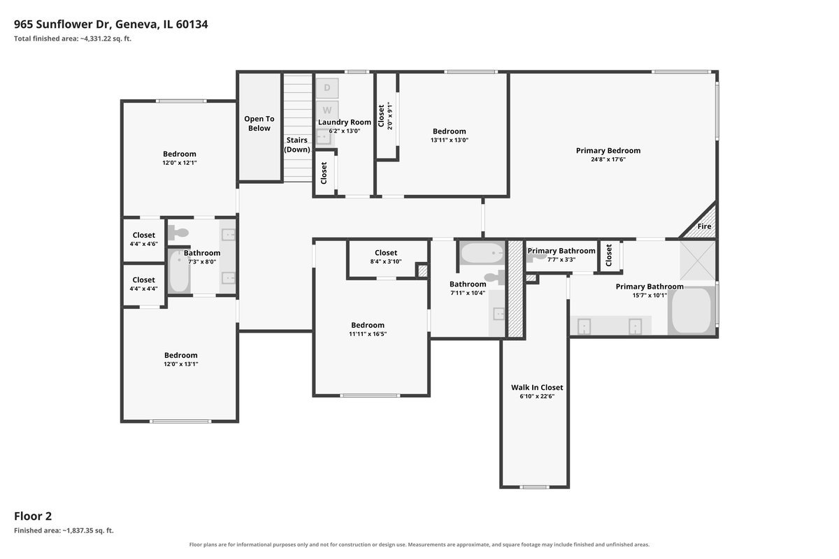 Second-floor plan showing four bedrooms, three bathrooms, a laundry room, and a large primary suite.