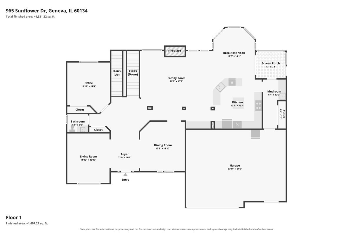 Floor plan for 965 Sunflower Drive showing labeled rooms, a large garage, and a screened porch.