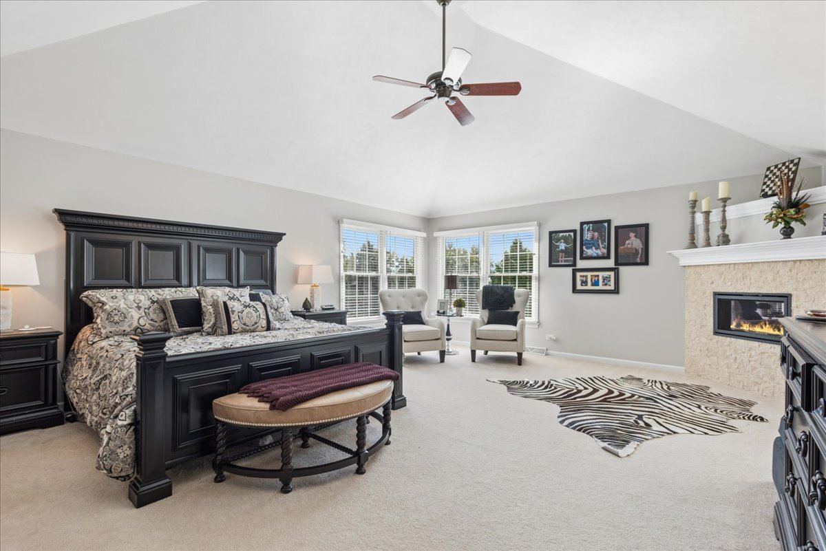Furnished primary bedroom with a black bed, corner windows, fireplace, and zebra-pattern rug.