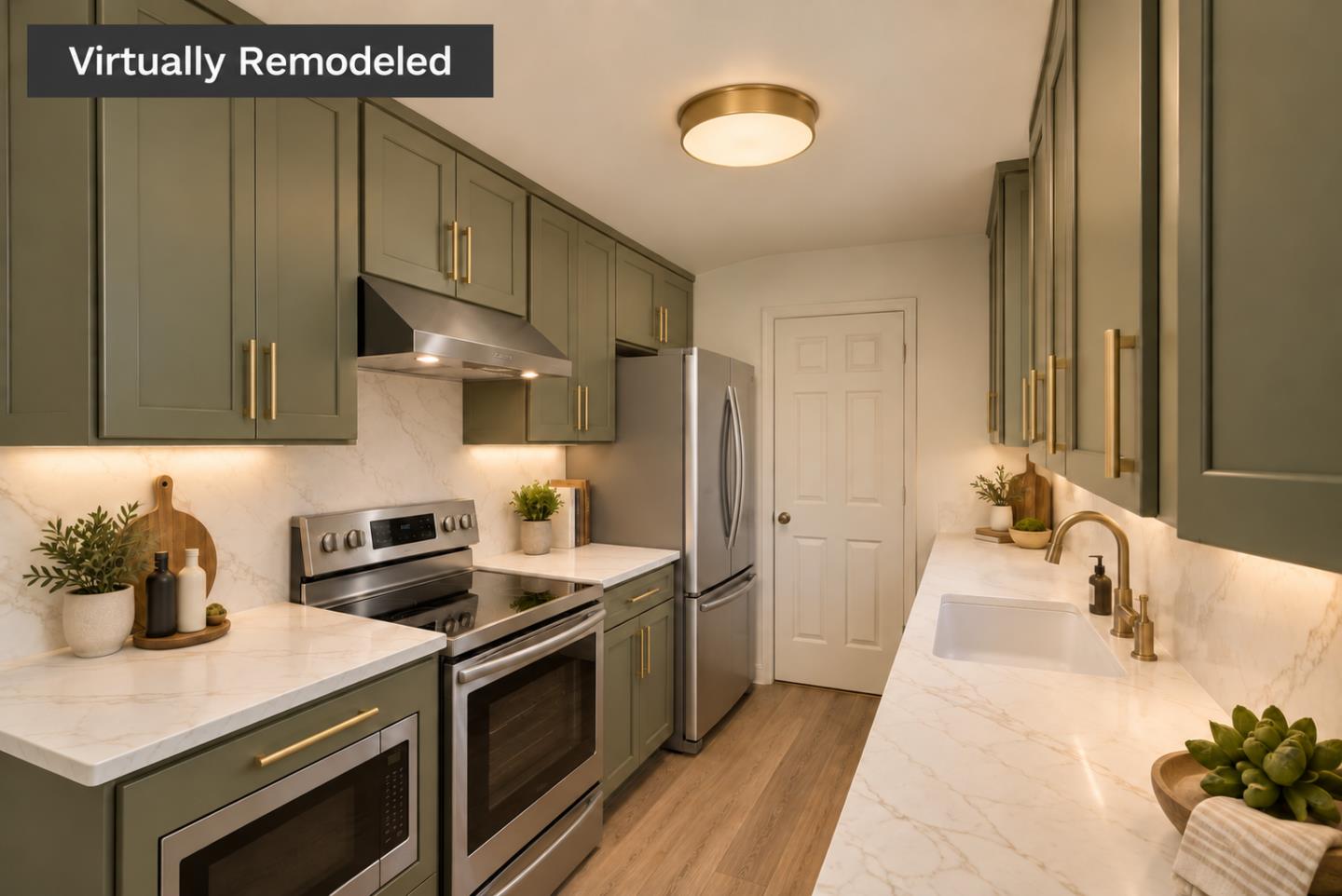 Virtually remodeled kitchen with sage-green cabinets, marble-look counters, and stainless-steel appliances.