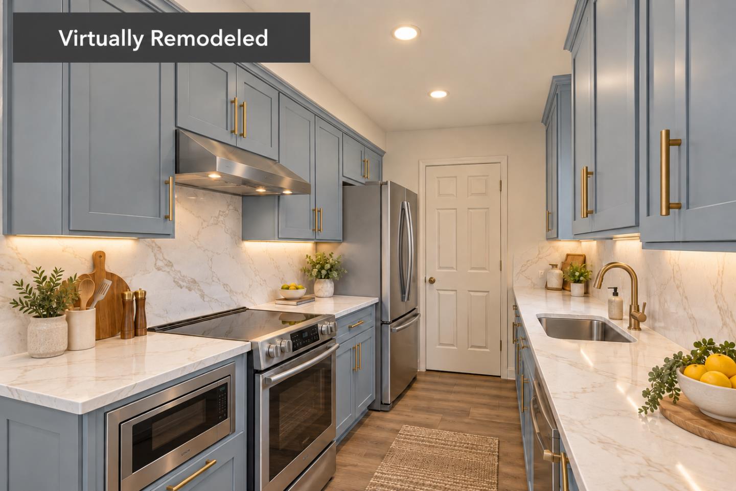 Virtually remodeled galley kitchen with blue-gray cabinets, brass hardware, and stainless steel appliances.