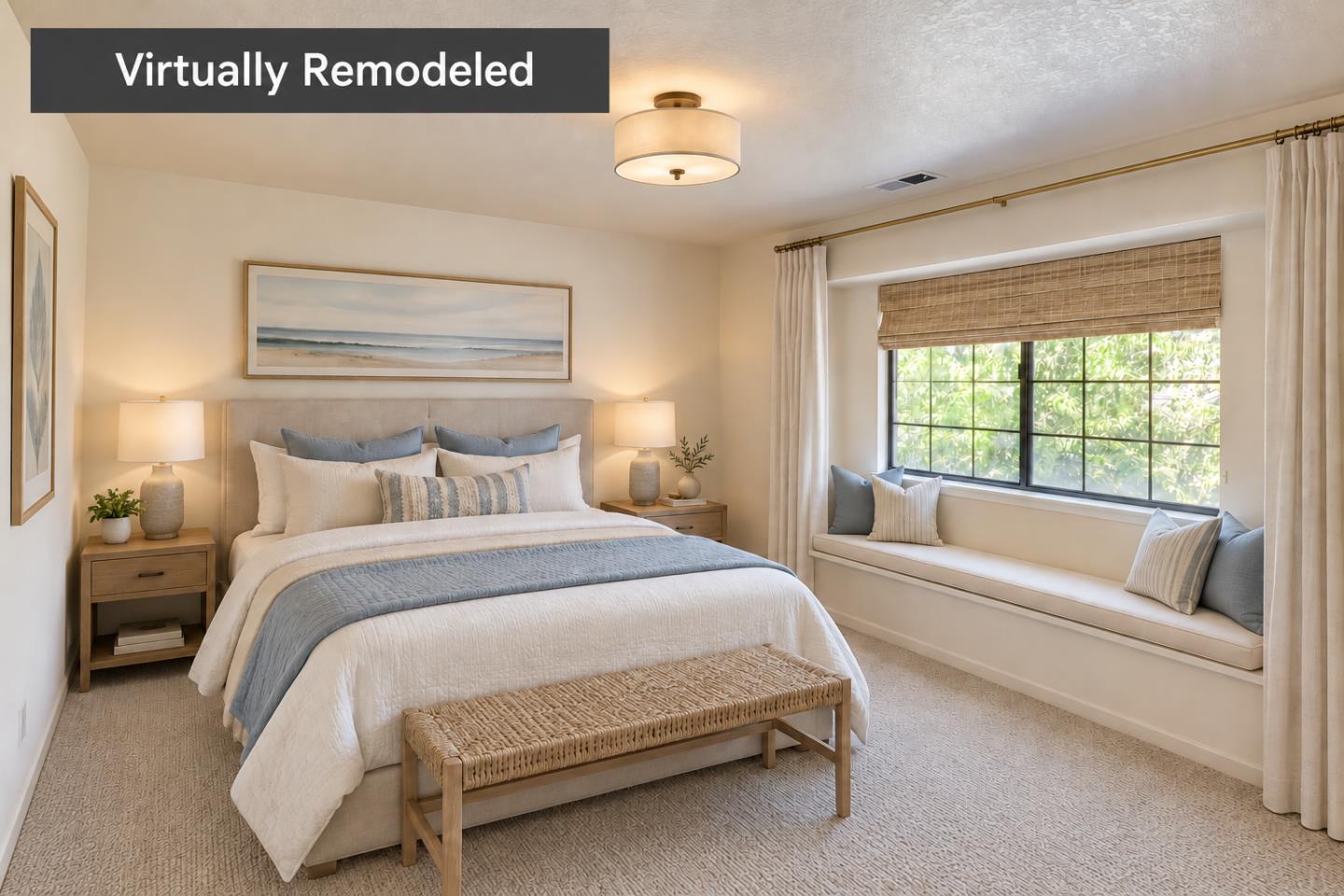 Virtually remodeled bedroom with a blue-accented bed and a window seat beneath a large window.