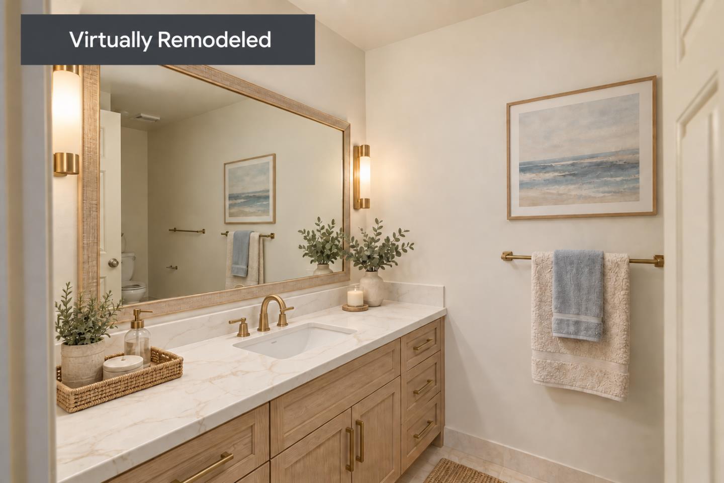 Virtually remodeled bathroom with a wood vanity, marble countertop, large mirror, and brass fixtures.