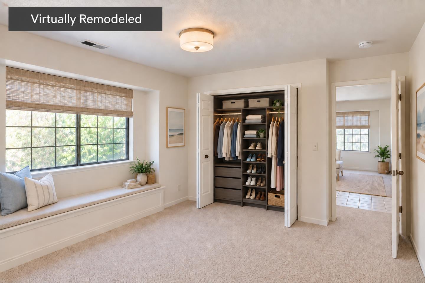 Bedroom with a built-in window seat and open organized closet.