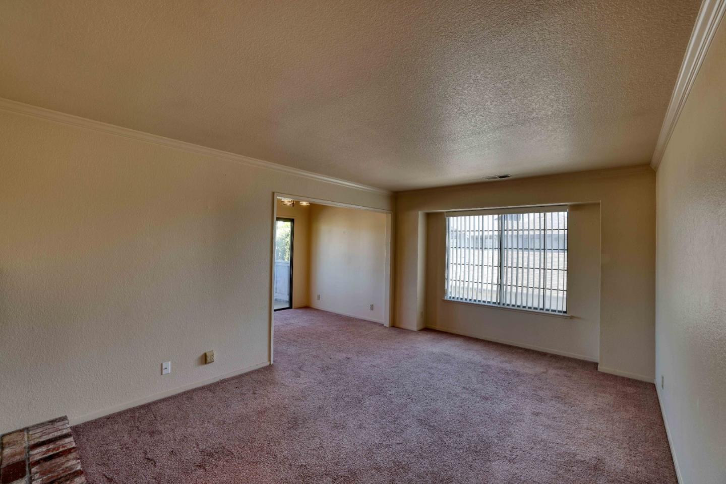 Empty living room with mauve carpet and a wide window covered by vertical blinds.