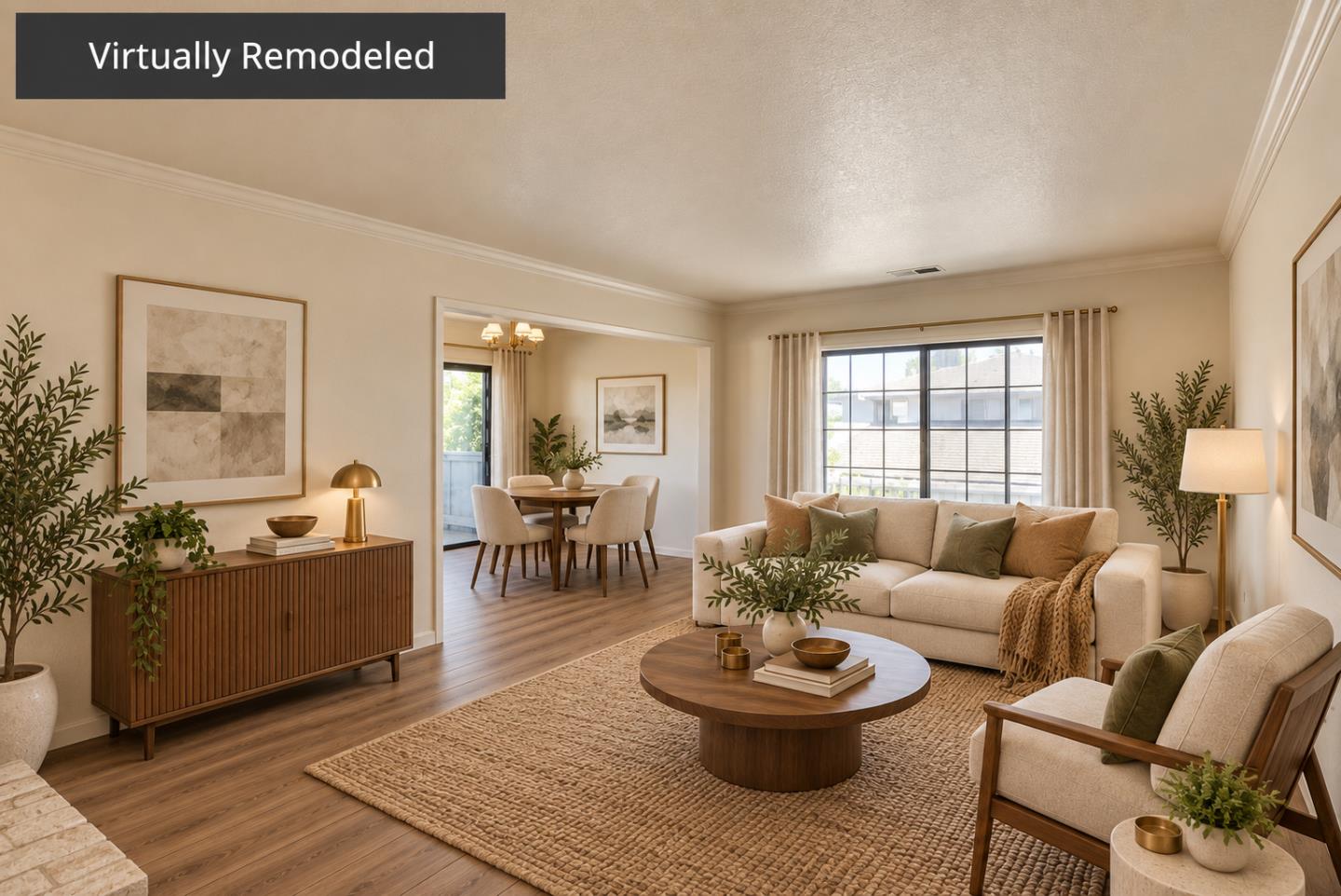 Virtually remodeled living room with a cream sofa, woven rug, and dining area by large windows.