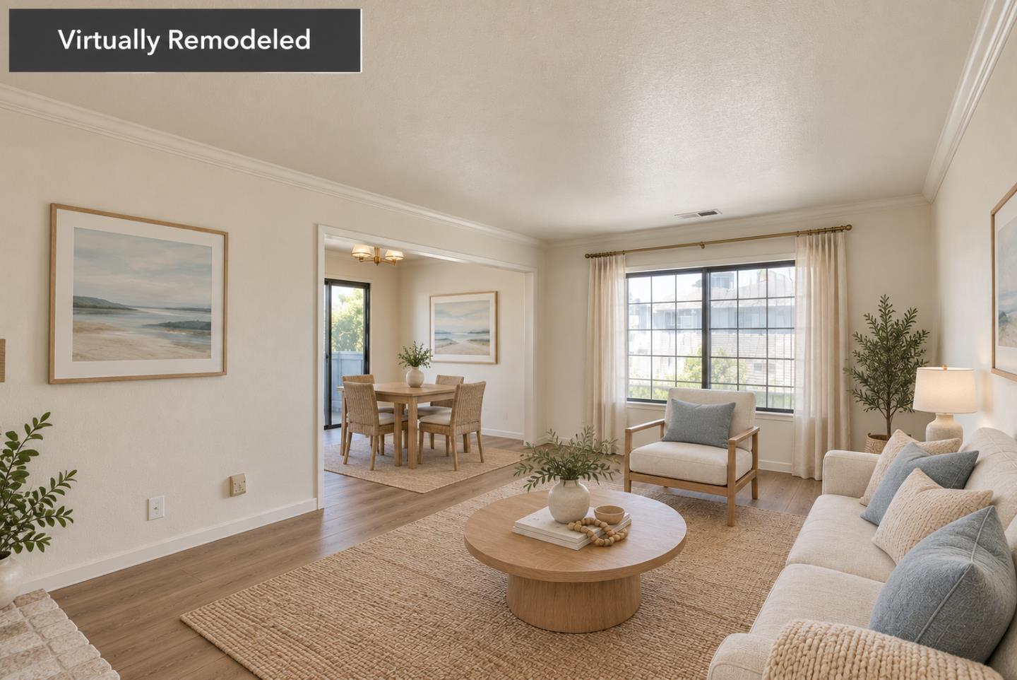 Virtually remodeled living room with neutral seating, wood floors, and an adjoining dining area.
