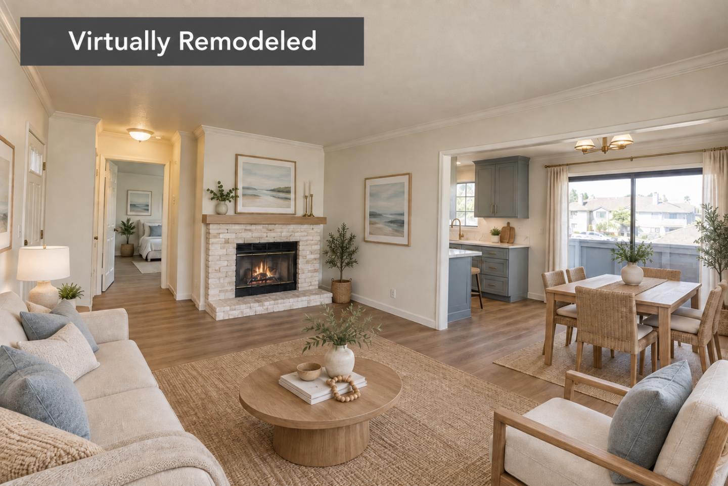 Living room with a white stone fireplace, neutral seating, and an adjoining dining area.
