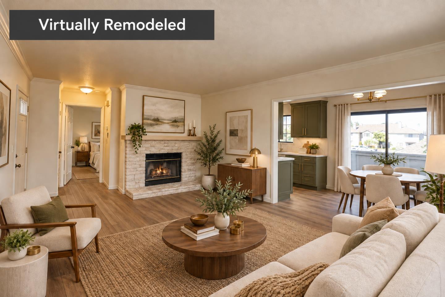 Open-plan living room with a stone fireplace, dining area, and kitchen.